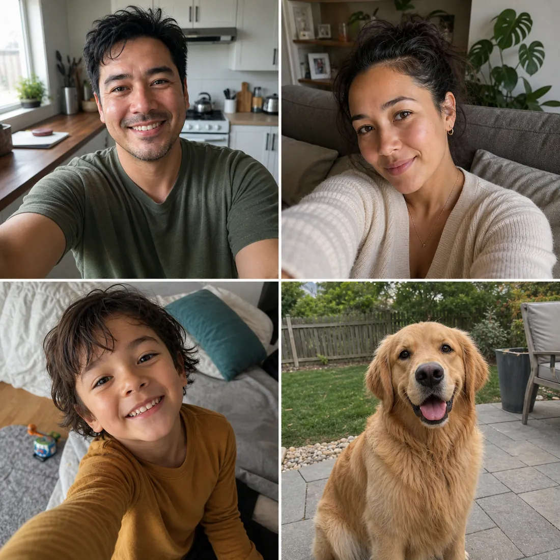 Three casual selfie uploads and one pet reference photo