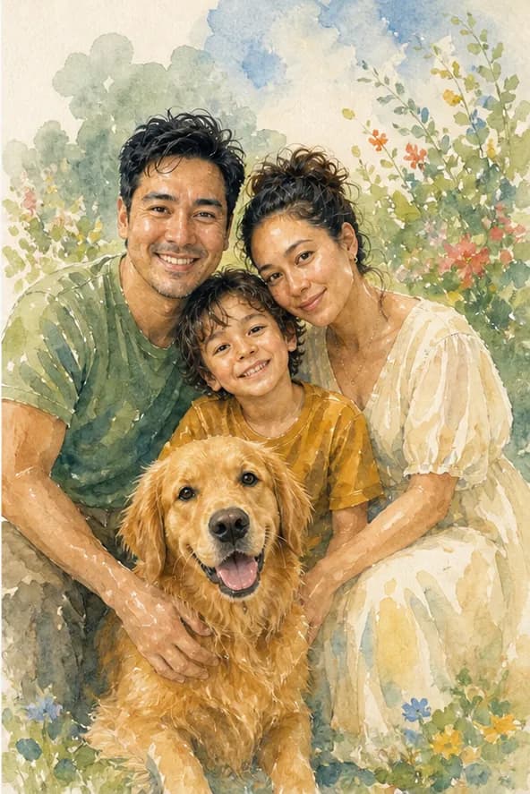 Watercolor Storybook family portrait made from the selfie uploads