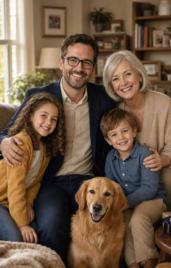 Finished Father's Day portrait with Dad, two children, Grandma, and a golden retriever