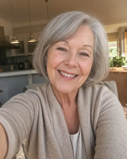 Phone selfie of Grandma in a cozy kitchen