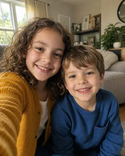 Phone selfie of two smiling children at home