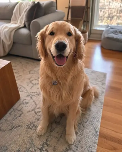 Phone photo of a golden retriever in the living room